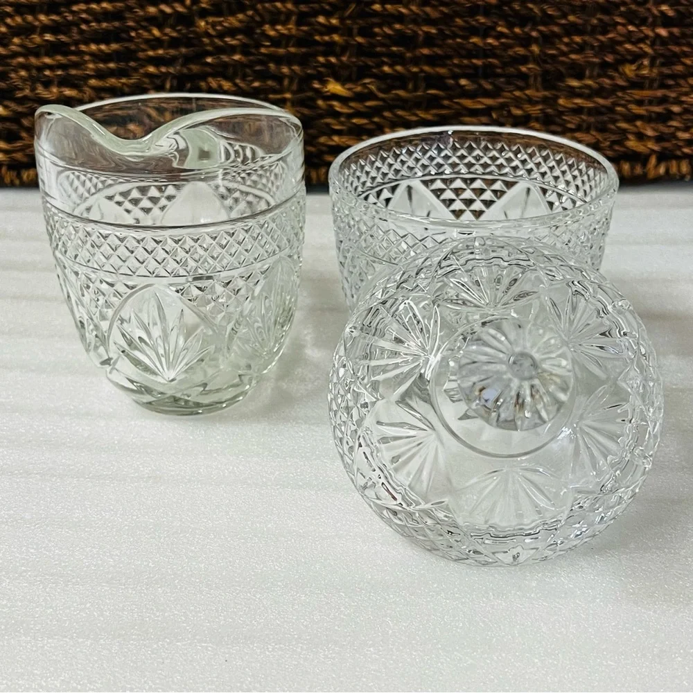 Vintage Anchor Hocking Pineapple Pattern Clear Glass Sugar Bowl & Creamer